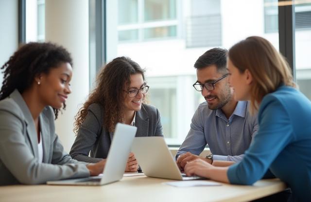 Diverse team collaborating in a modern office