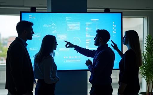 Team members collaborating actively around a large screen