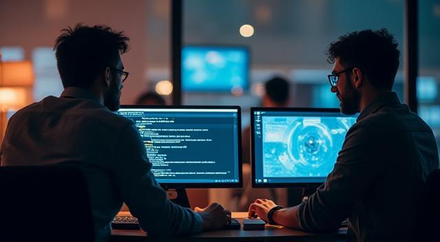 Engineers collaborating on code in a modern office